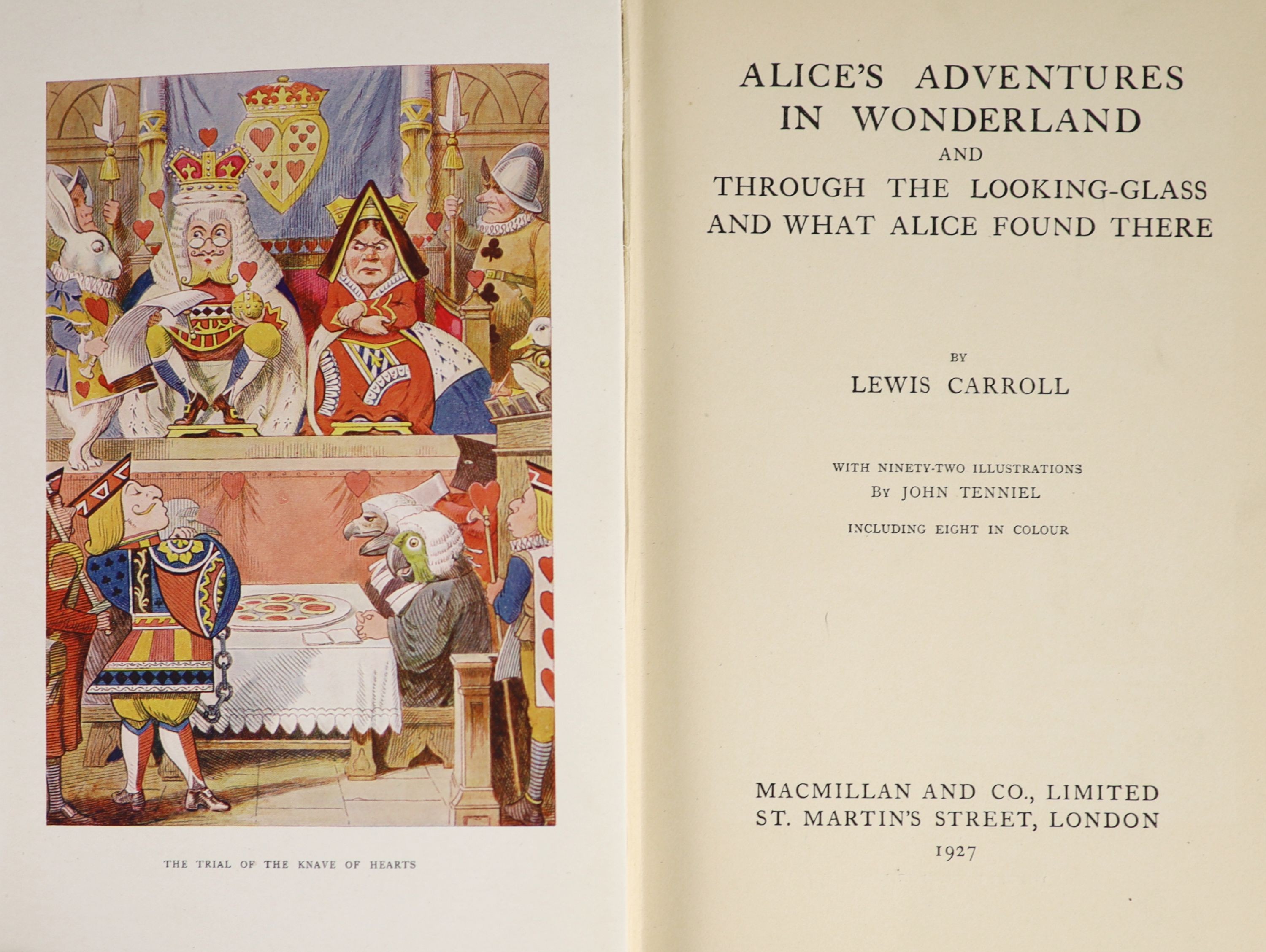 Carroll, Lewis - Alice’s Adventures in Wonderland, 8vo, original red cloth gilt, illustrated by John Tenniel, including 8 in colour, presentation inscription in ink to front fly leaf, - ‘’Domini from Quentin [later Lord
